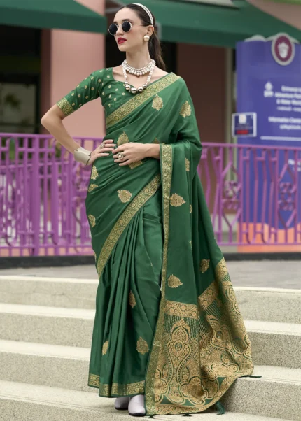 Genoa Green Banarasi Satin Silk Saree