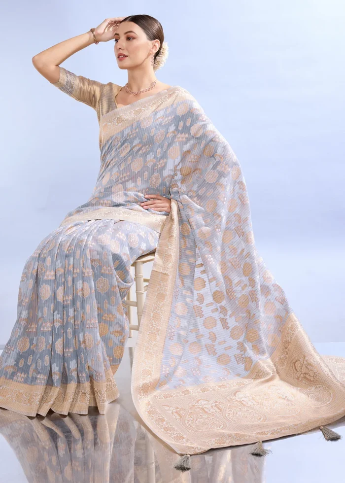 Gray Banarasi Organza Silk Saree