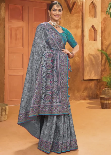 Gray Embroidered Silk Saree with Kacchi Work