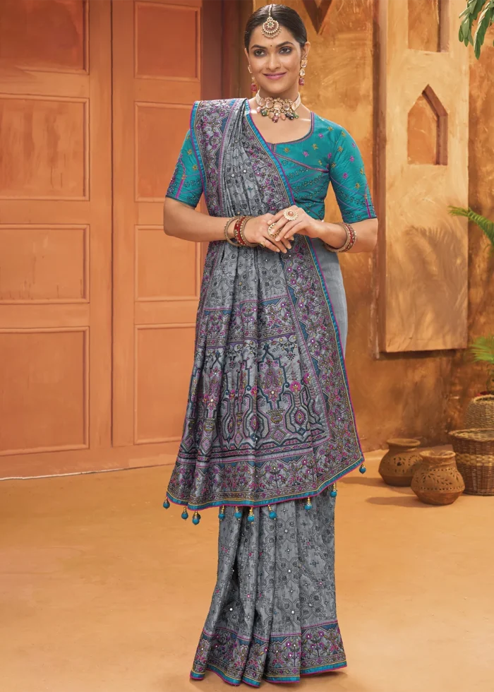 Gray Embroidered Silk Saree with Kacchi Work