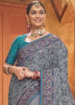 Gray Embroidered Silk Saree with Kacchi Work