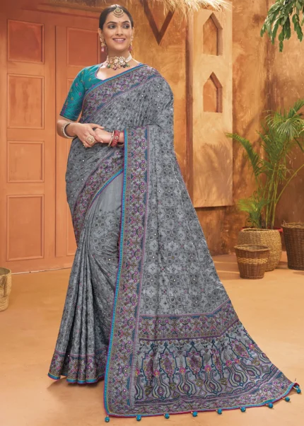 Gray Embroidered Silk Saree with Kacchi Work