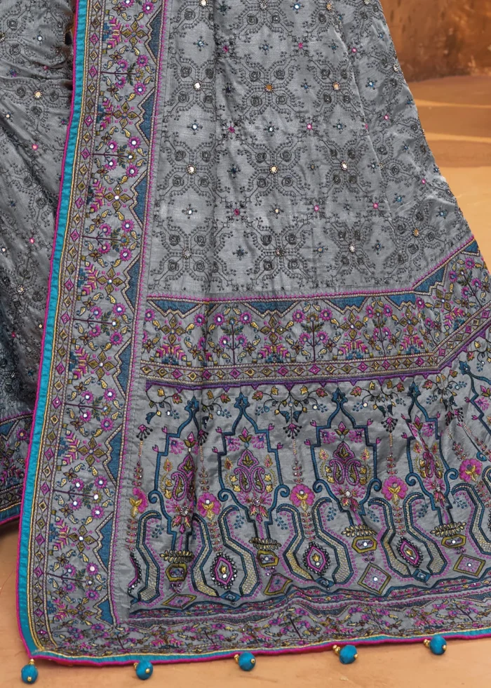 Gray Embroidered Silk Saree with Kacchi Work