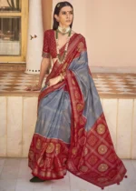 Gray Printed Patola Saree with Red Blouse