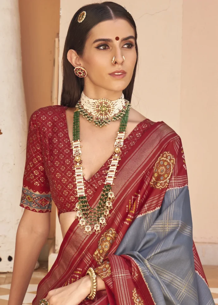 Gray Printed Patola Saree with Red Blouse