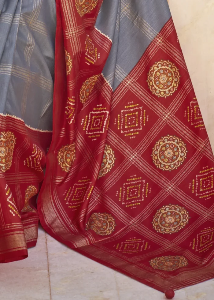 Gray Printed Patola Saree with Red Blouse