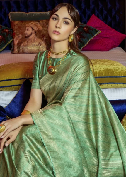 Green Kanjivaram Satin Silk Saree with Pearl Work