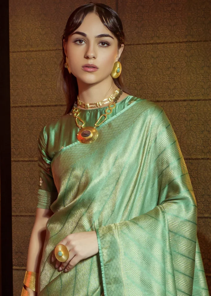 Green Kanjivaram Satin Silk Saree with Pearl Work