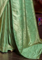 Green Kanjivaram Satin Silk Saree with Pearl Work