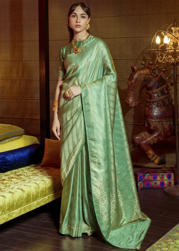 Green Kanjivaram Satin Silk Saree with Pearl Work