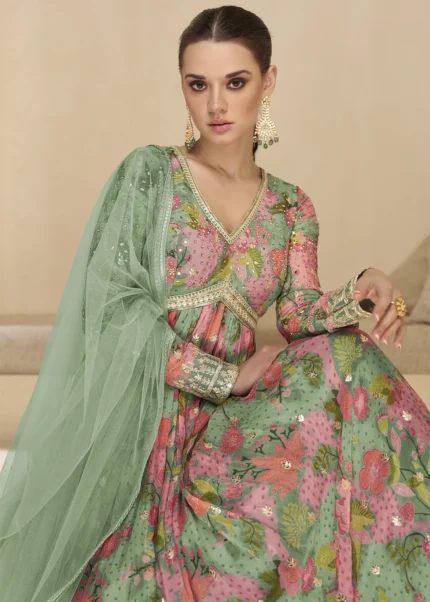 Green and Pink Georgette Anarkali Gown