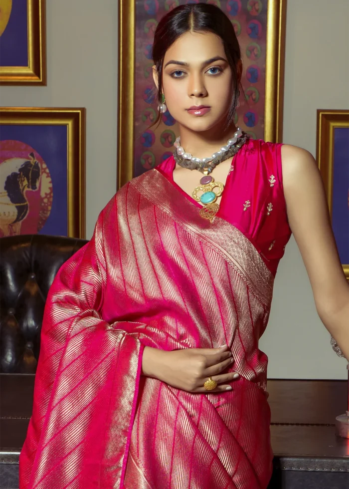 Hot Pink Kanjivaram Satin Silk Saree with Pearl Work