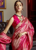 Hot Pink Kanjivaram Satin Silk Saree with Pearl Work