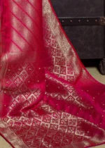 Hot Pink Kanjivaram Satin Silk Saree with Pearl Work