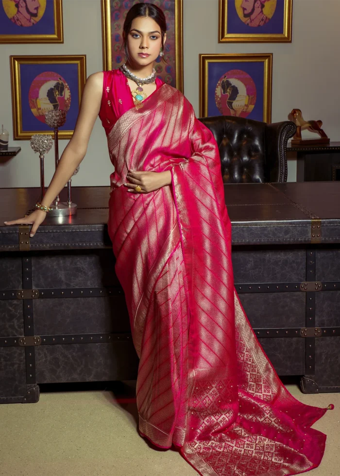 Hot Pink Kanjivaram Satin Silk Saree with Pearl Work