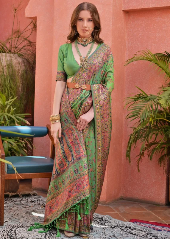 Leaf Green Kashmiri Jamawar Pashmina Saree