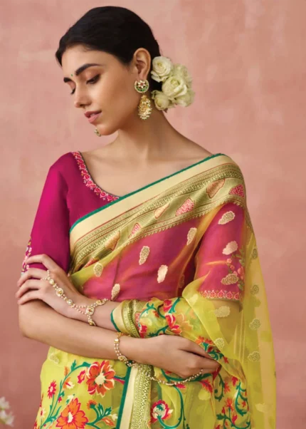 Lime Yellow Woven Organza Brasso Saree