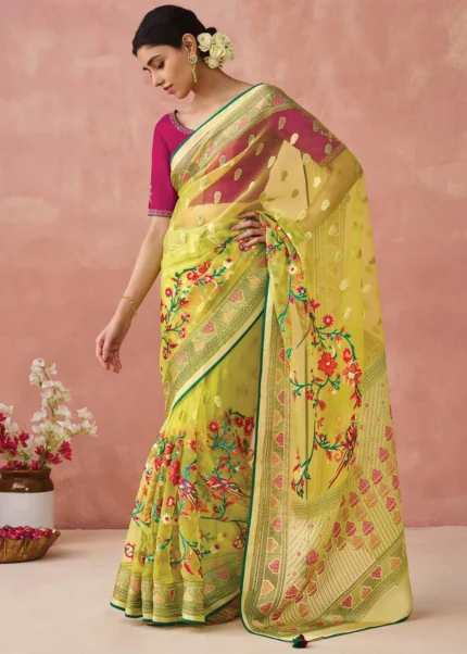 Lime Yellow Woven Organza Brasso Saree