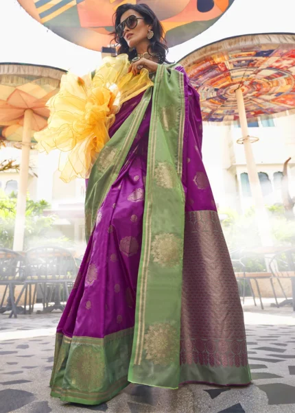 Magenta Banarasi Silk Saree with Green Blouse