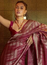 Magenta Kanjivaram Satin Silk Saree with Pearl Work