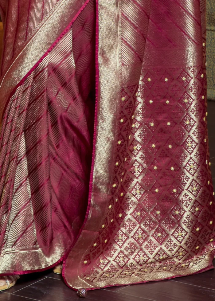 Magenta Kanjivaram Satin Silk Saree with Pearl Work