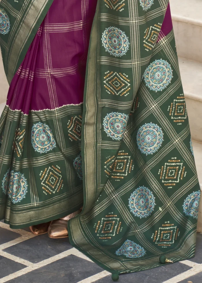 Magenta Printed Patola Saree with Green Blouse