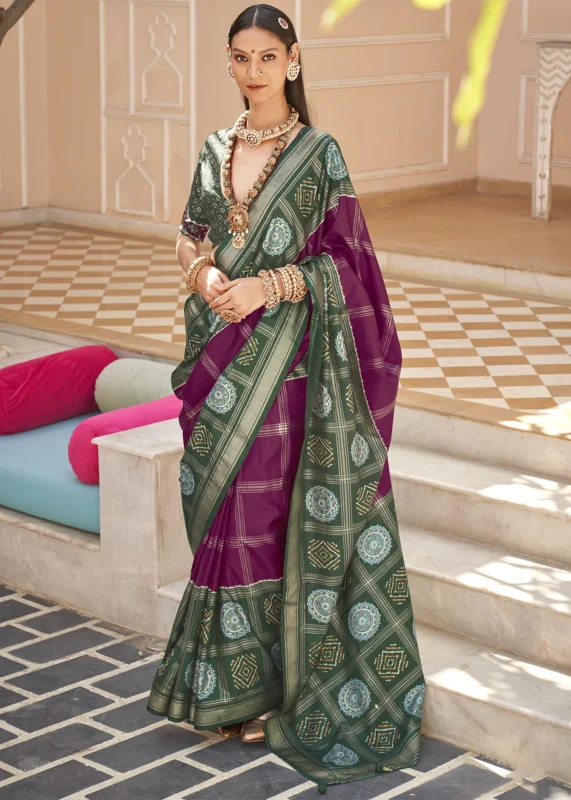 Magenta Printed Patola Saree with Green Blouse