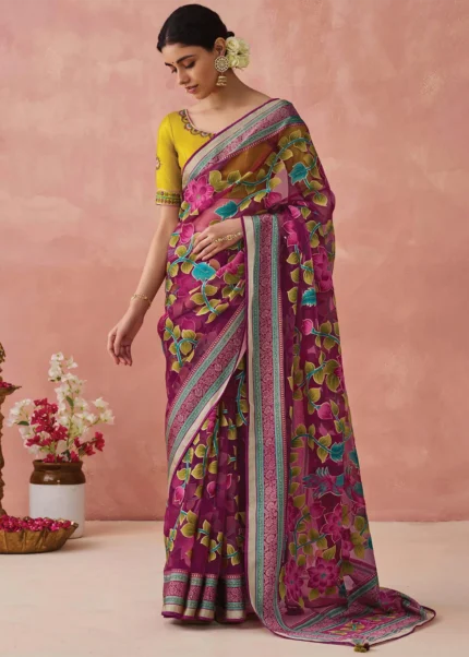 Magenta Woven Organza Brasso Saree