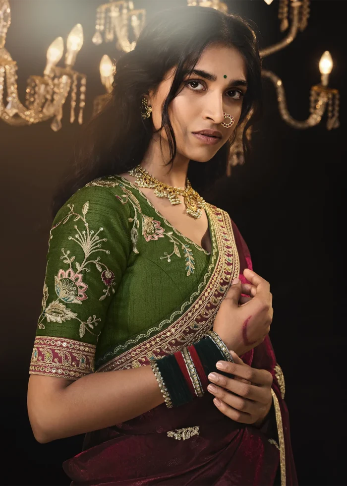 Maroon Embroidered Silk Saree with Embroidered Blouse