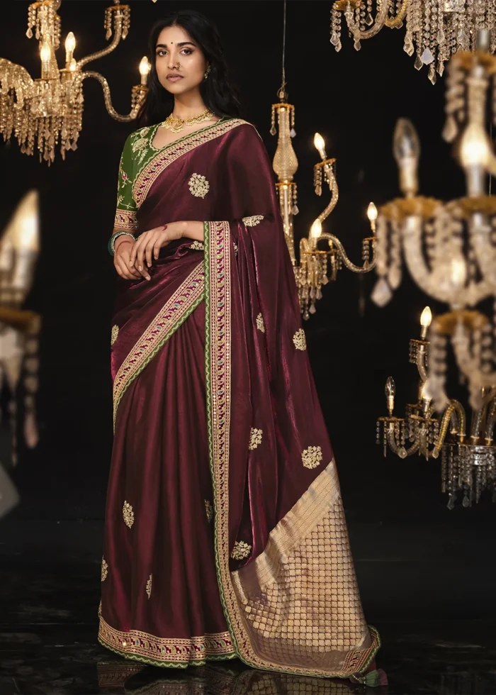 Maroon Embroidered Silk Saree with Embroidered Blouse