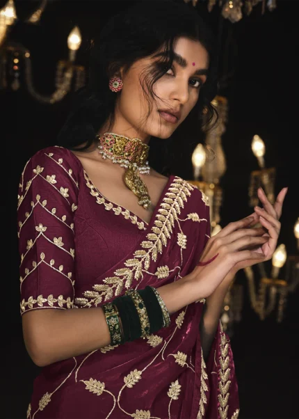 Maroon Embroidered Tissue Silk Saree