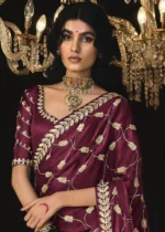 Maroon Embroidered Tissue Silk Saree