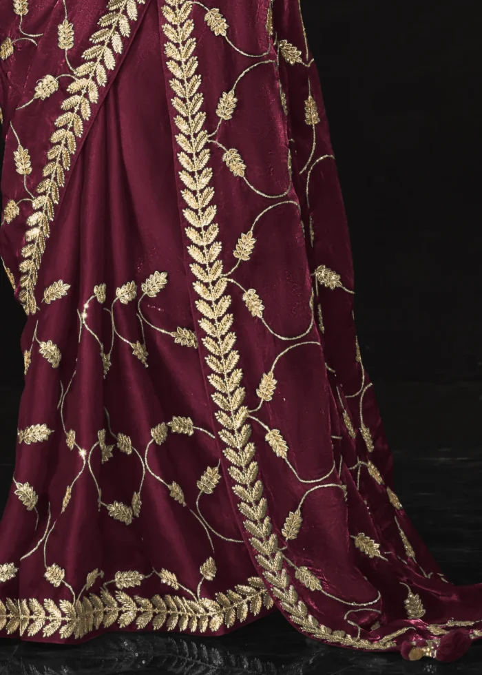 Maroon Embroidered Tissue Silk Saree