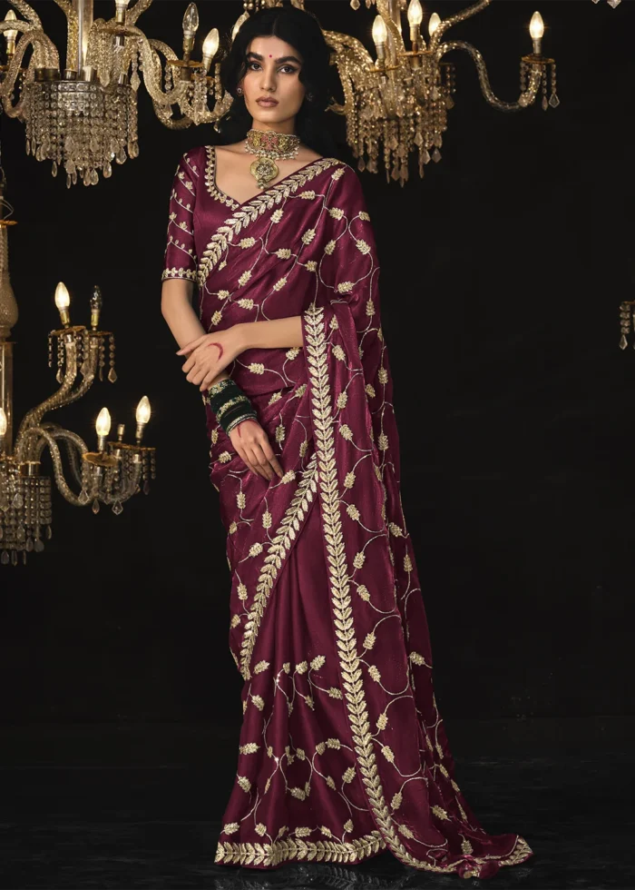 Maroon Embroidered Tissue Silk Saree