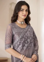 Mauve Embroidered Georgette Saree