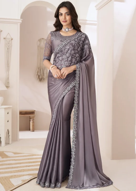 Mauve Embroidered Georgette Saree