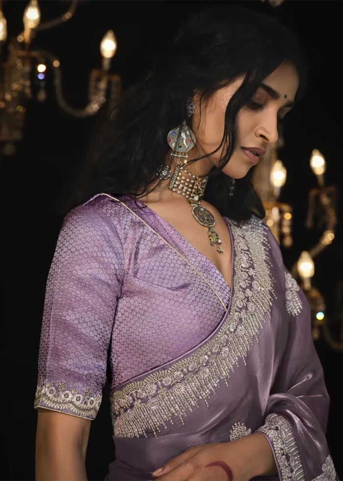 Mauve Embroidered Tissue Silk Saree with Brocade Blouse