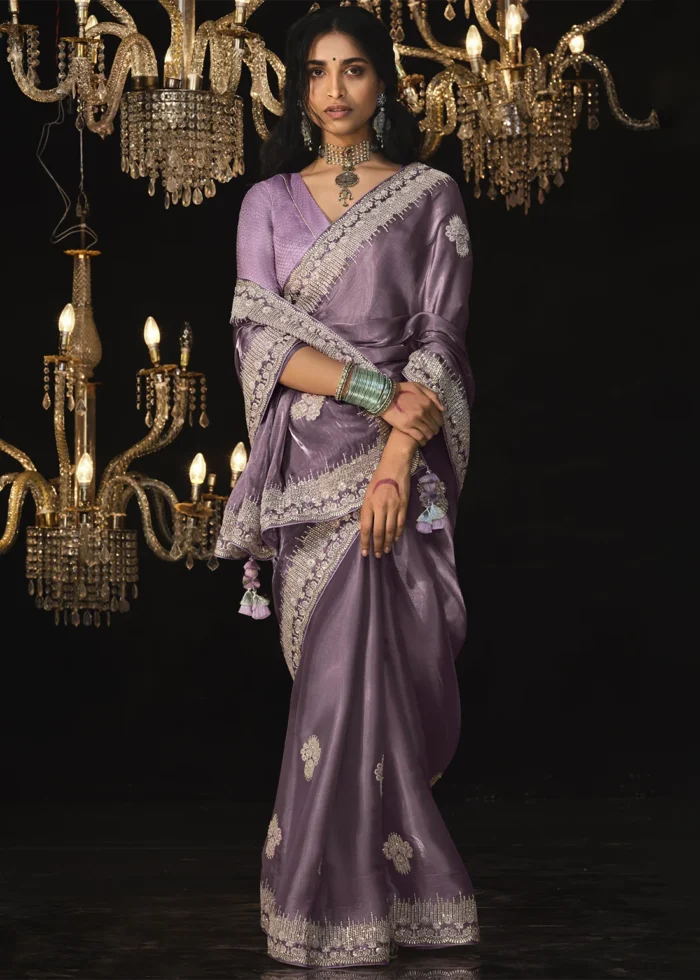 Mauve Embroidered Tissue Silk Saree with Brocade Blouse