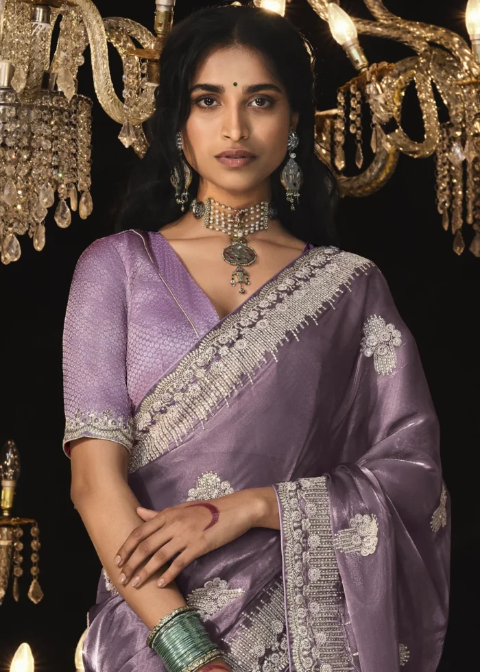 Mauve Embroidered Tissue Silk Saree with Brocade Blouse