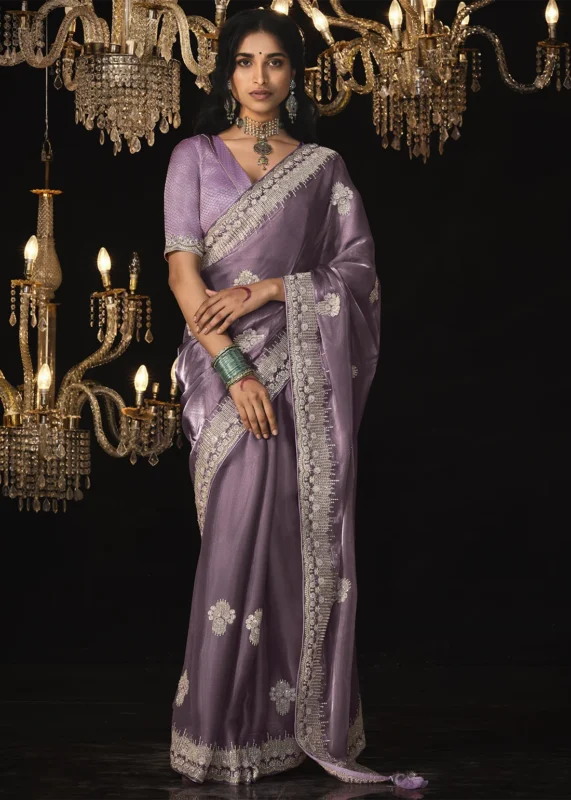 Mauve Embroidered Tissue Silk Saree with Brocade Blouse