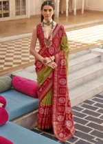 Mehndi Green Printed Patola Saree with Red Blouse