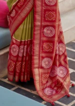 Mehndi Green Printed Patola Saree with Red Blouse