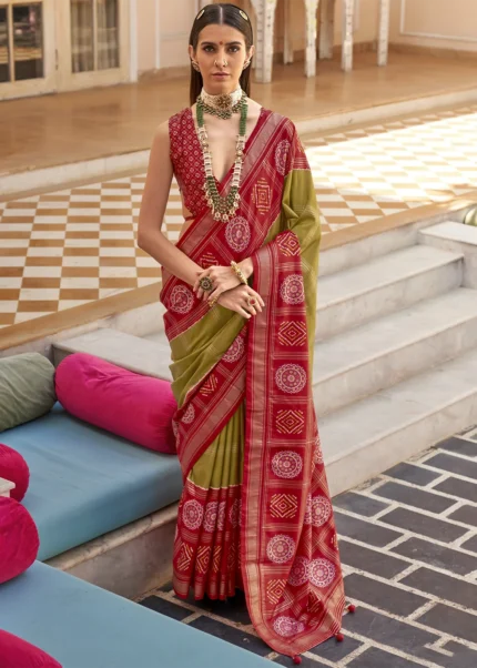 Mehndi Green Printed Patola Saree with Red Blouse