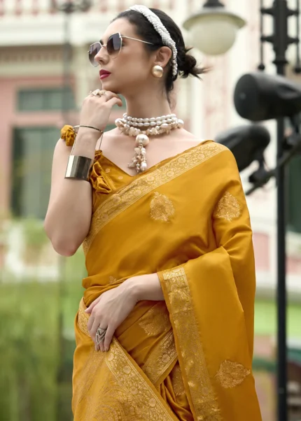 Mustard Yellow Banarasi Satin Silk Saree