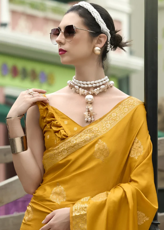 Mustard Yellow Banarasi Satin Silk Saree