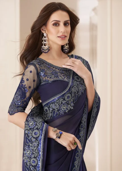 Indigo Embroidered Chiffon Saree