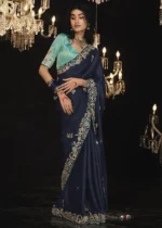 Navy Blue Embroidered Silk Saree with Embroidered Blouse