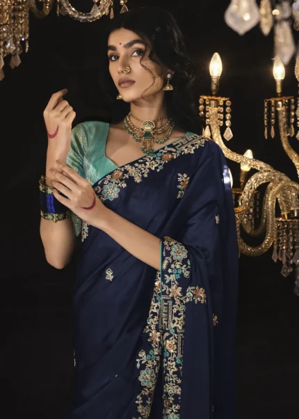 Navy Blue Embroidered Silk Saree with Embroidered Blouse