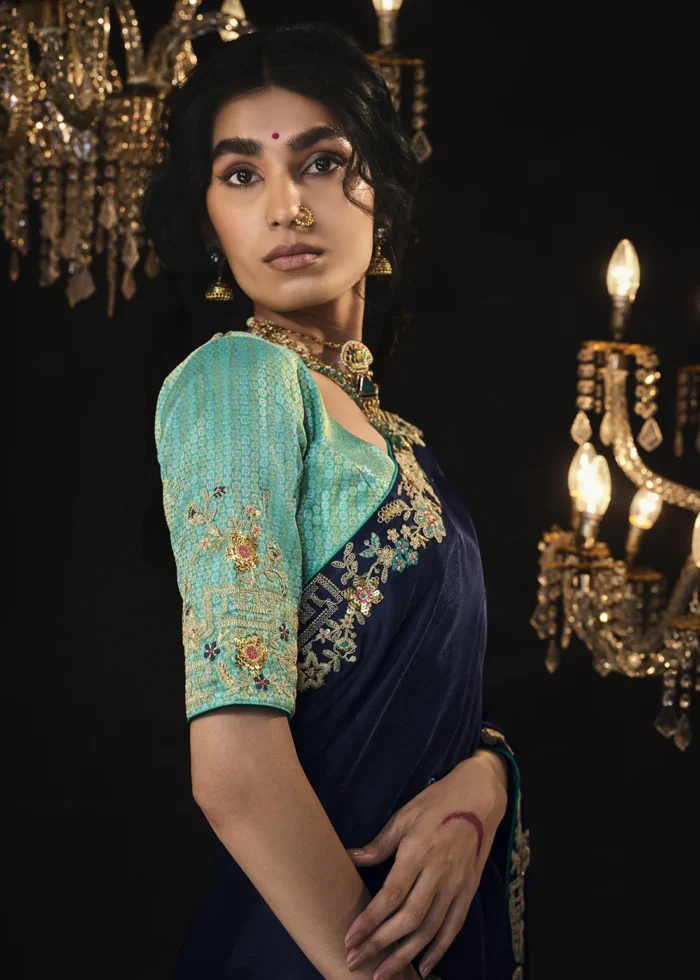 Navy Blue Embroidered Silk Saree with Embroidered Blouse