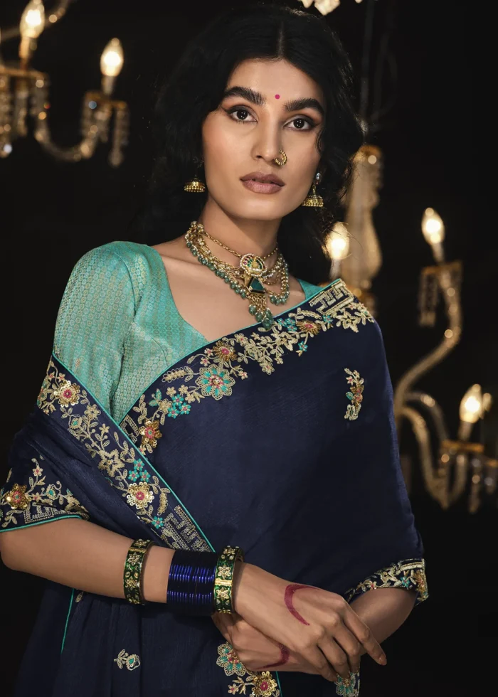 Navy Blue Embroidered Silk Saree with Embroidered Blouse